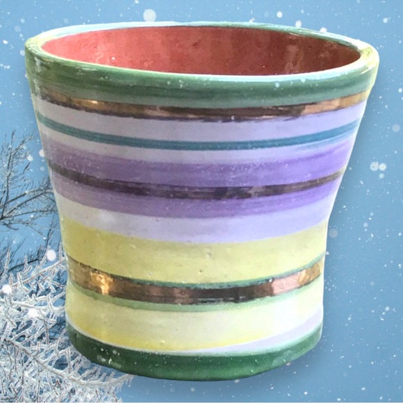 Pottery Vase in Lavender Green Yellow & Metallic Gold Stripes/Pen-Pencil Holder - Picture 11 of 12